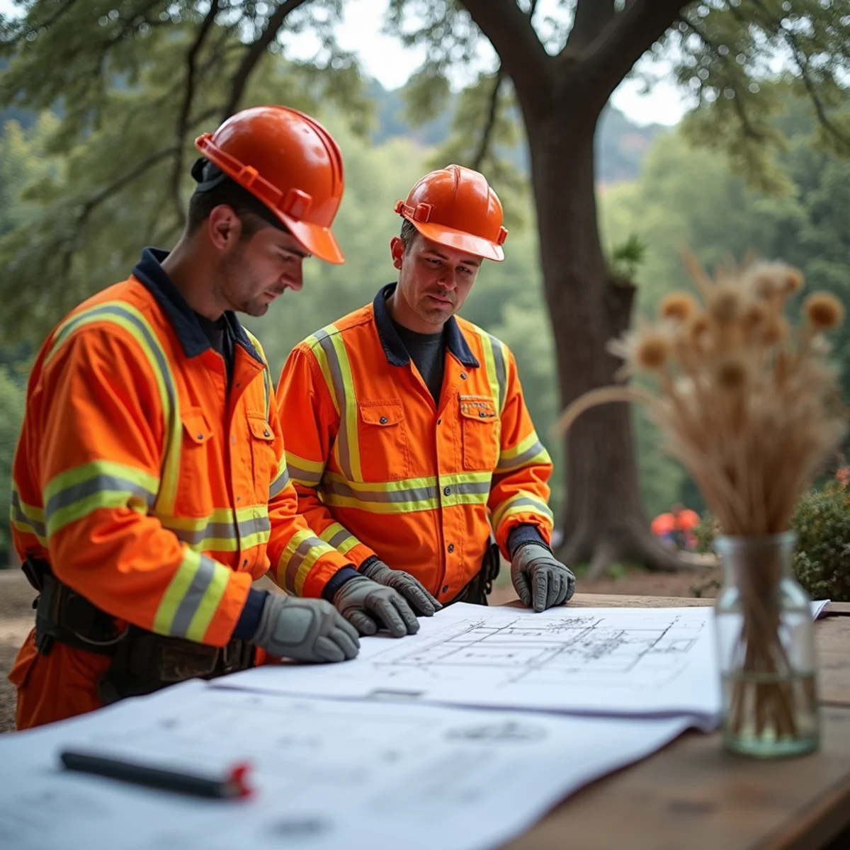 On-site job safety and rigging briefing prior to complex tree takedown