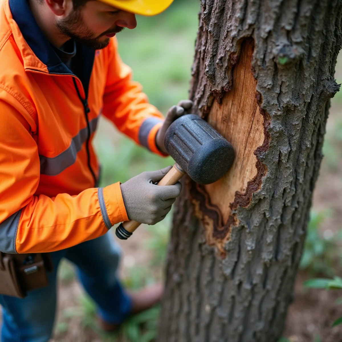 Sounding mallet diagnostic evaluation on protected oak trunk