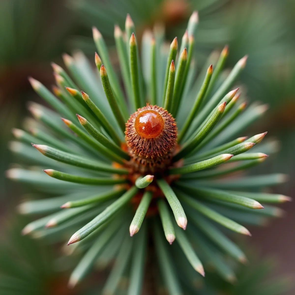 Pine pitch canker symptoms with resin bleeding and flag browning