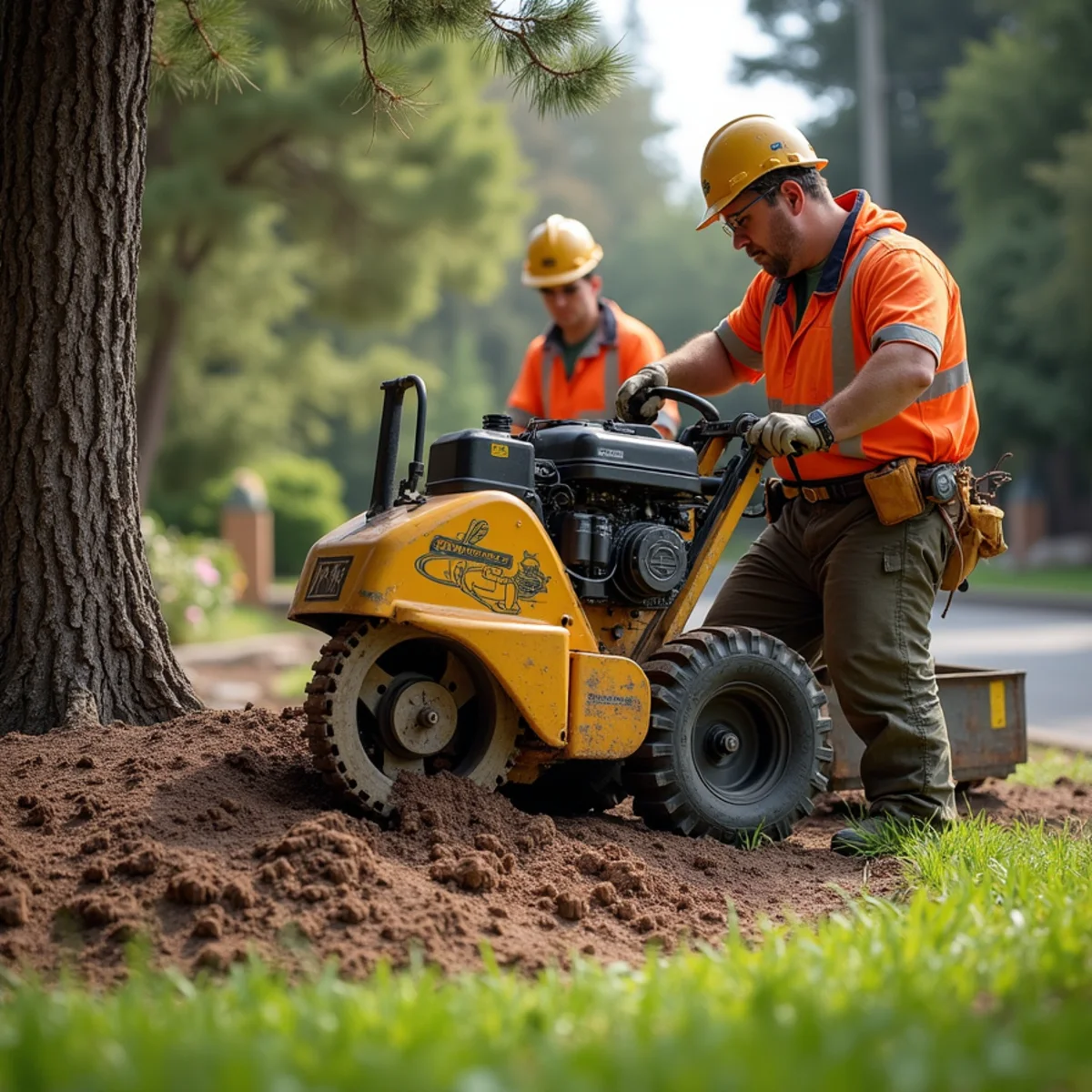 Hydraulic stump grinder eliminating root flare 10 inches below grade