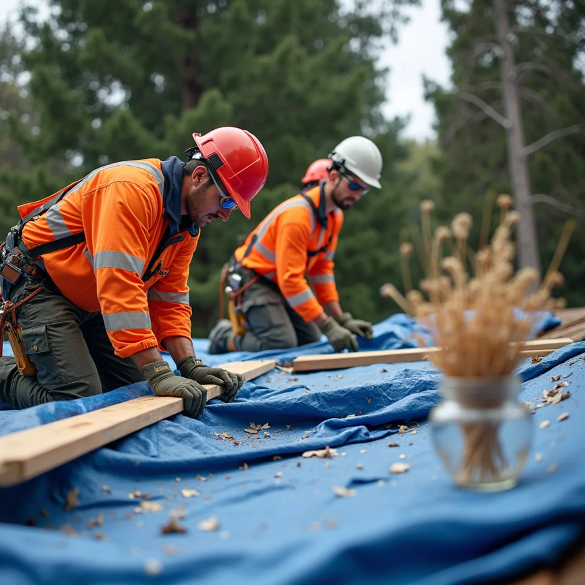 Emergency roof tarp installation preventing rainwater intrusion