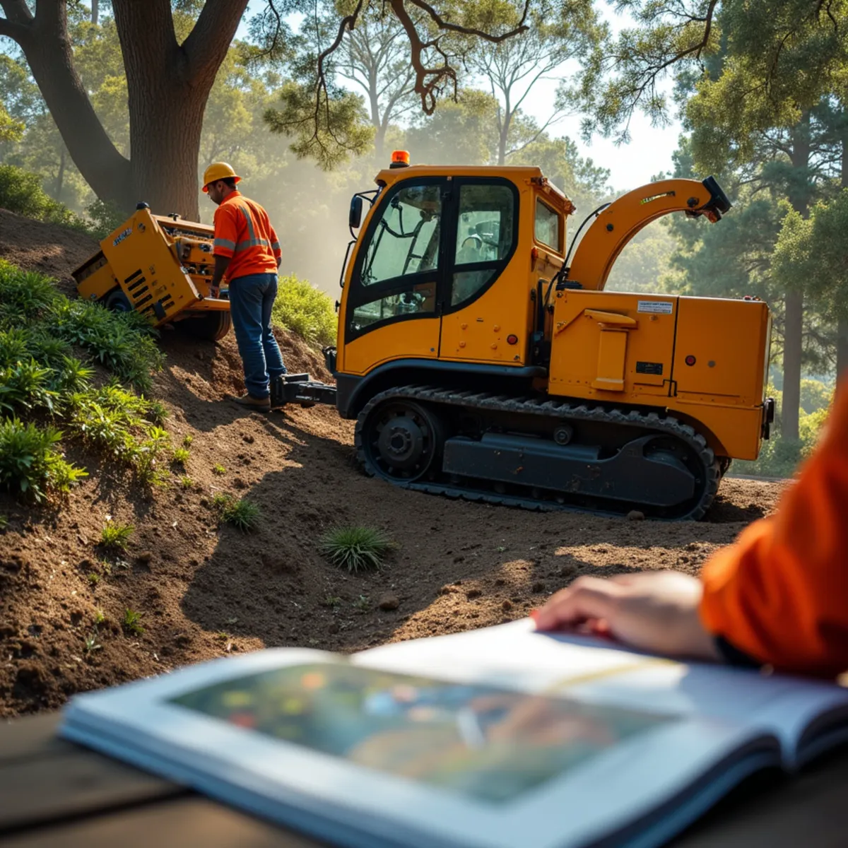 Compact slope-ready chipper processing fuel reduction trimmings