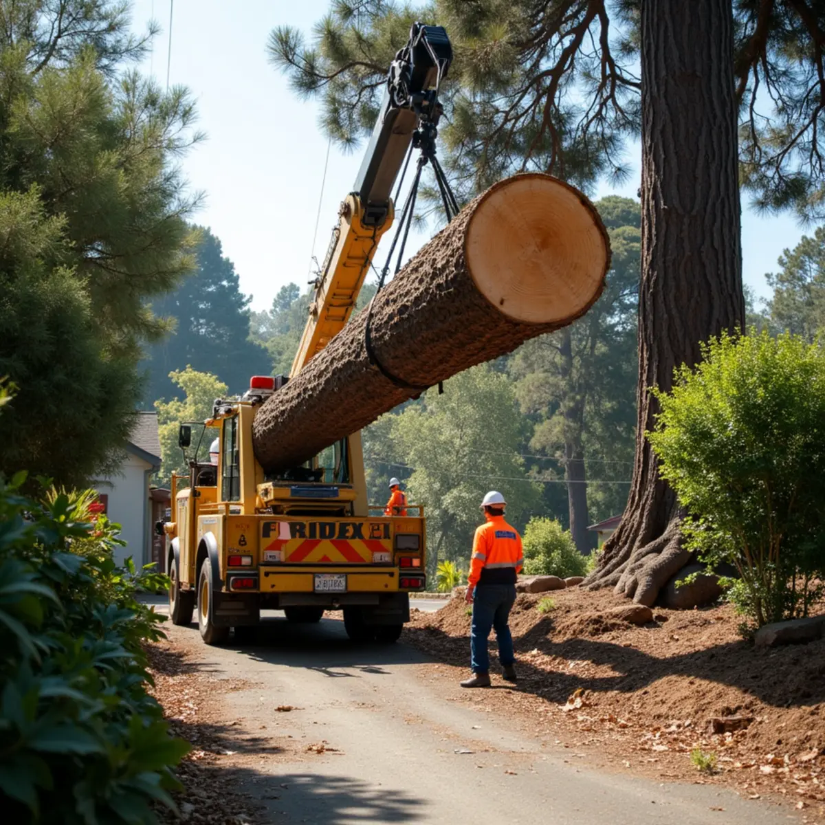 Crane hoisting heavy, dense eucalyptus timber cleanly away