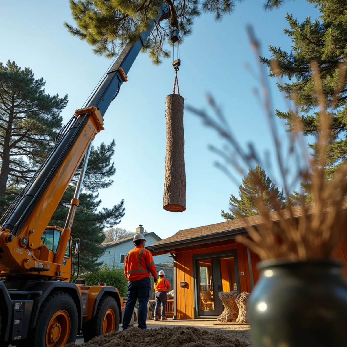 Crane hoisting massive hardwood log vertically off house roof