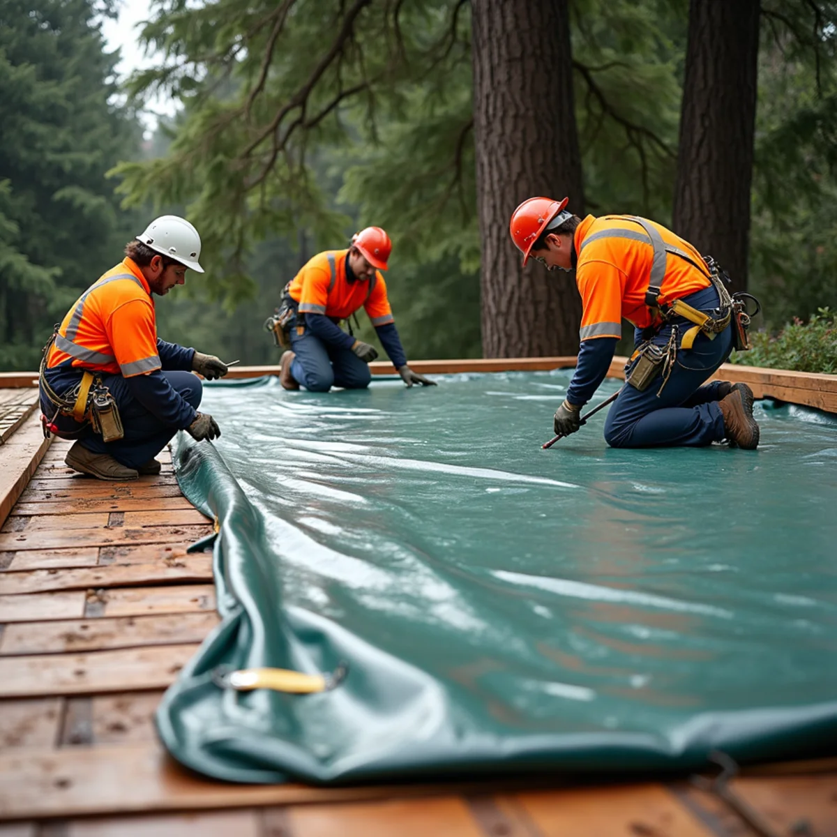Emergency roof tarping preventing water intrusion after tree fall