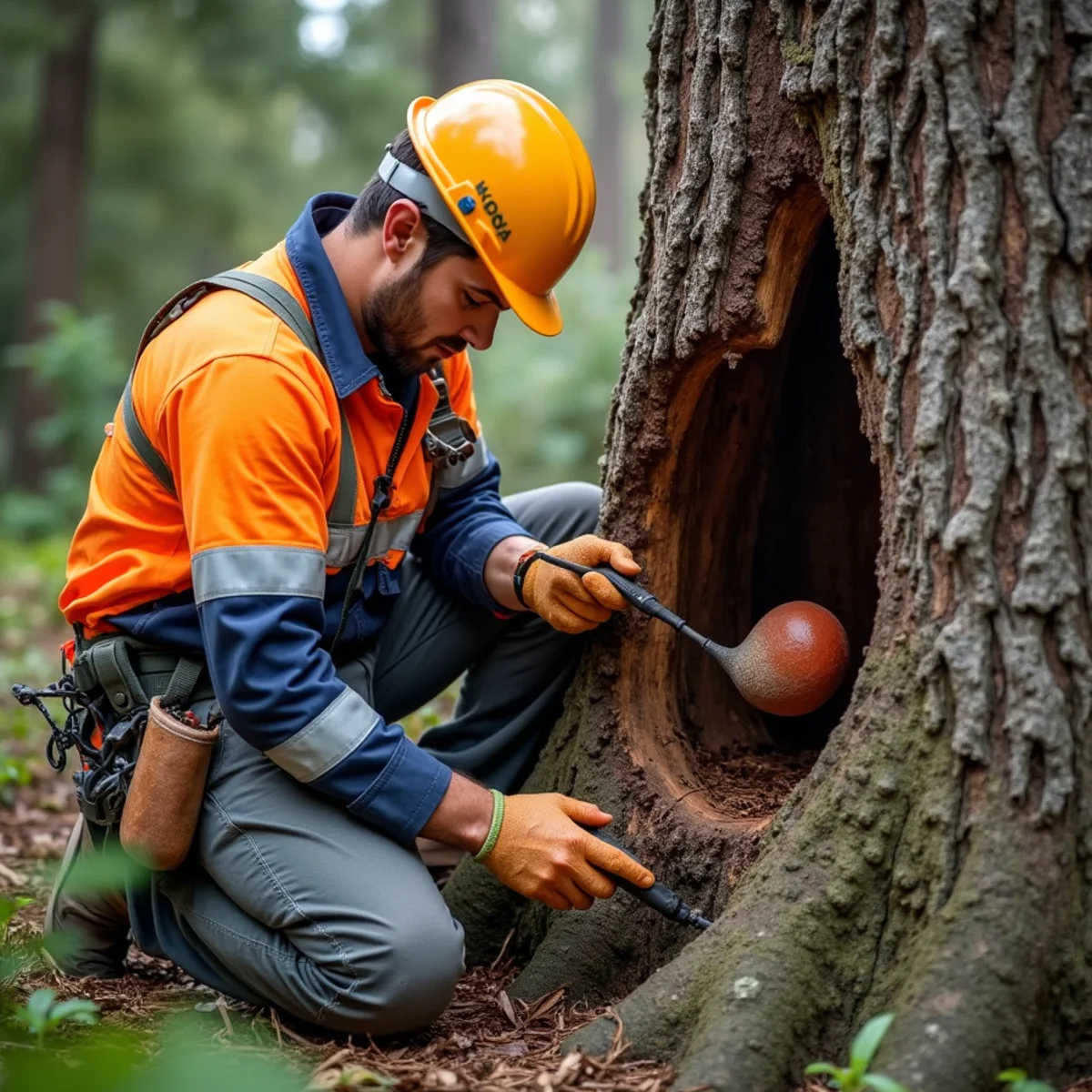 Inspection of wood decay fungus indicating severe internal rot