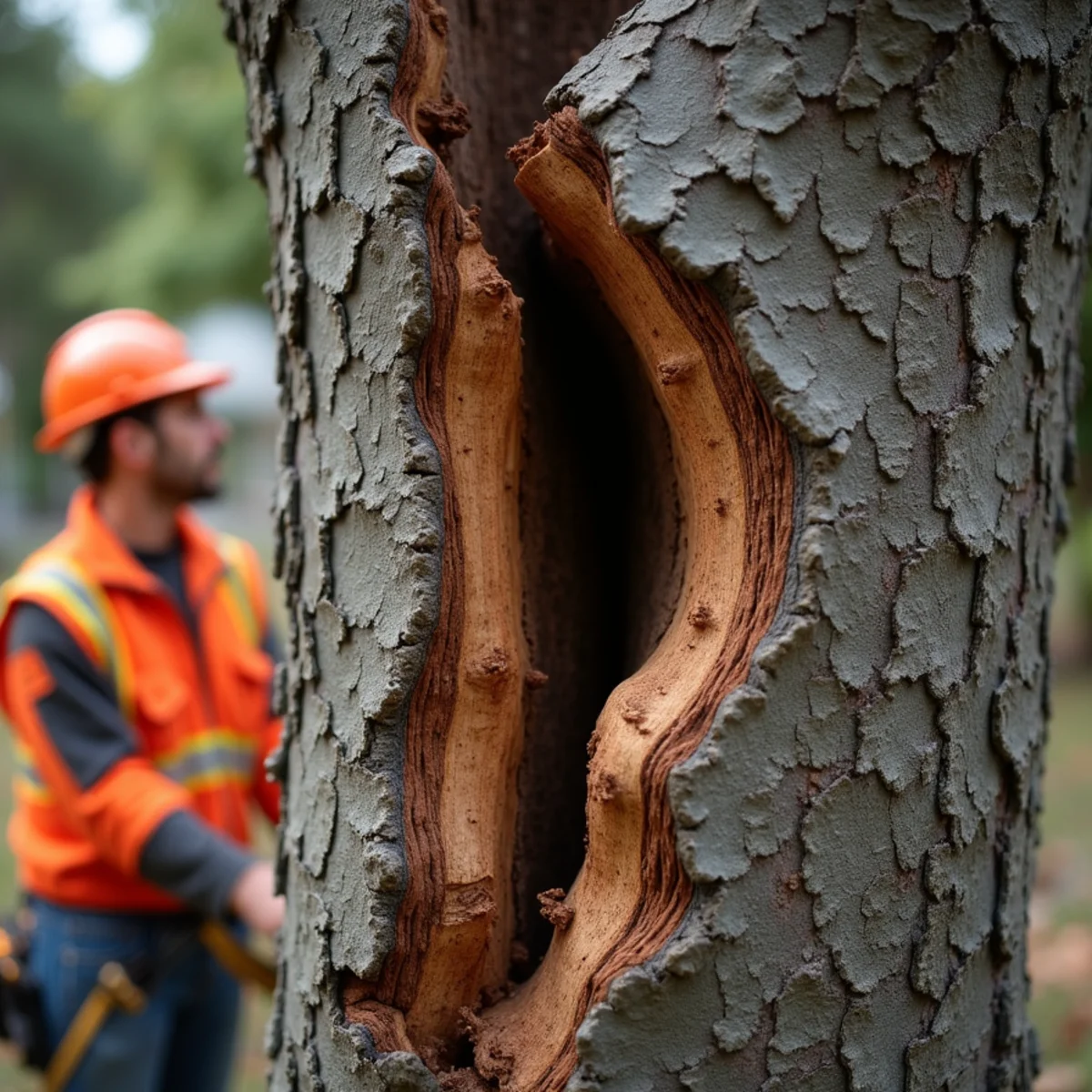 Severe trunk split and included bark in hazardous co-dominant union