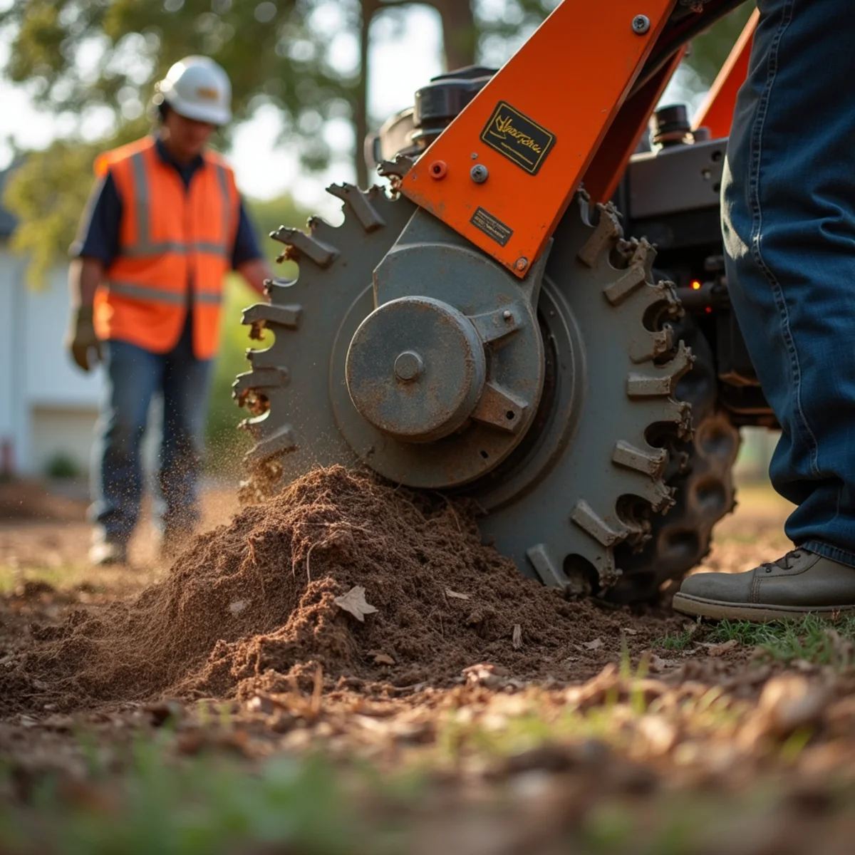 Below-grade stump grinding equipment clearing root flare for turf replanting