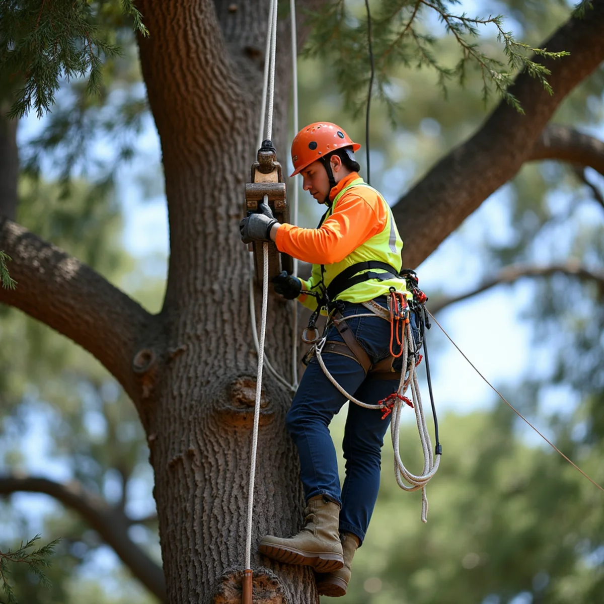 Controlled aerial rope rigging system lowering heavy hardwood branch