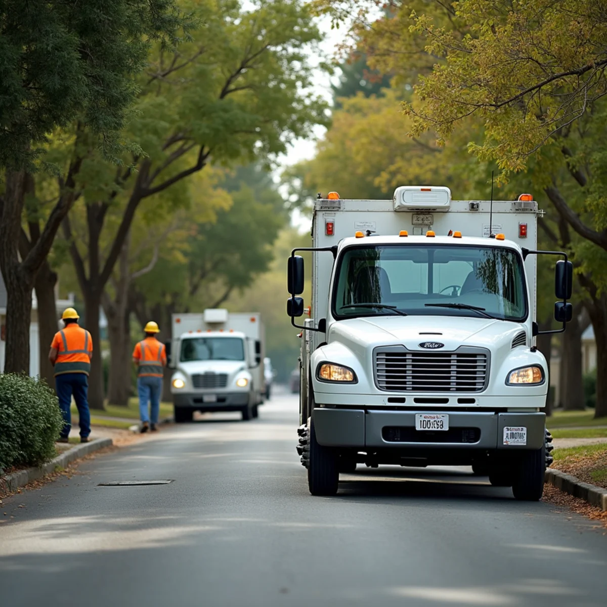 Service utility vehicles and safety equipment staged for neighborhood tree work