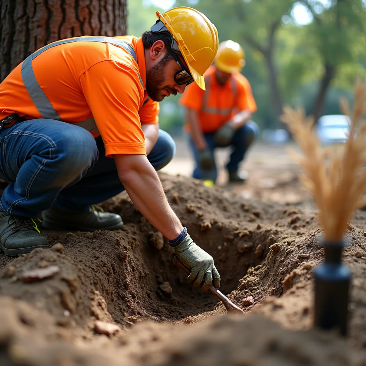 Root crown excavation exposing buried flare on mature oak