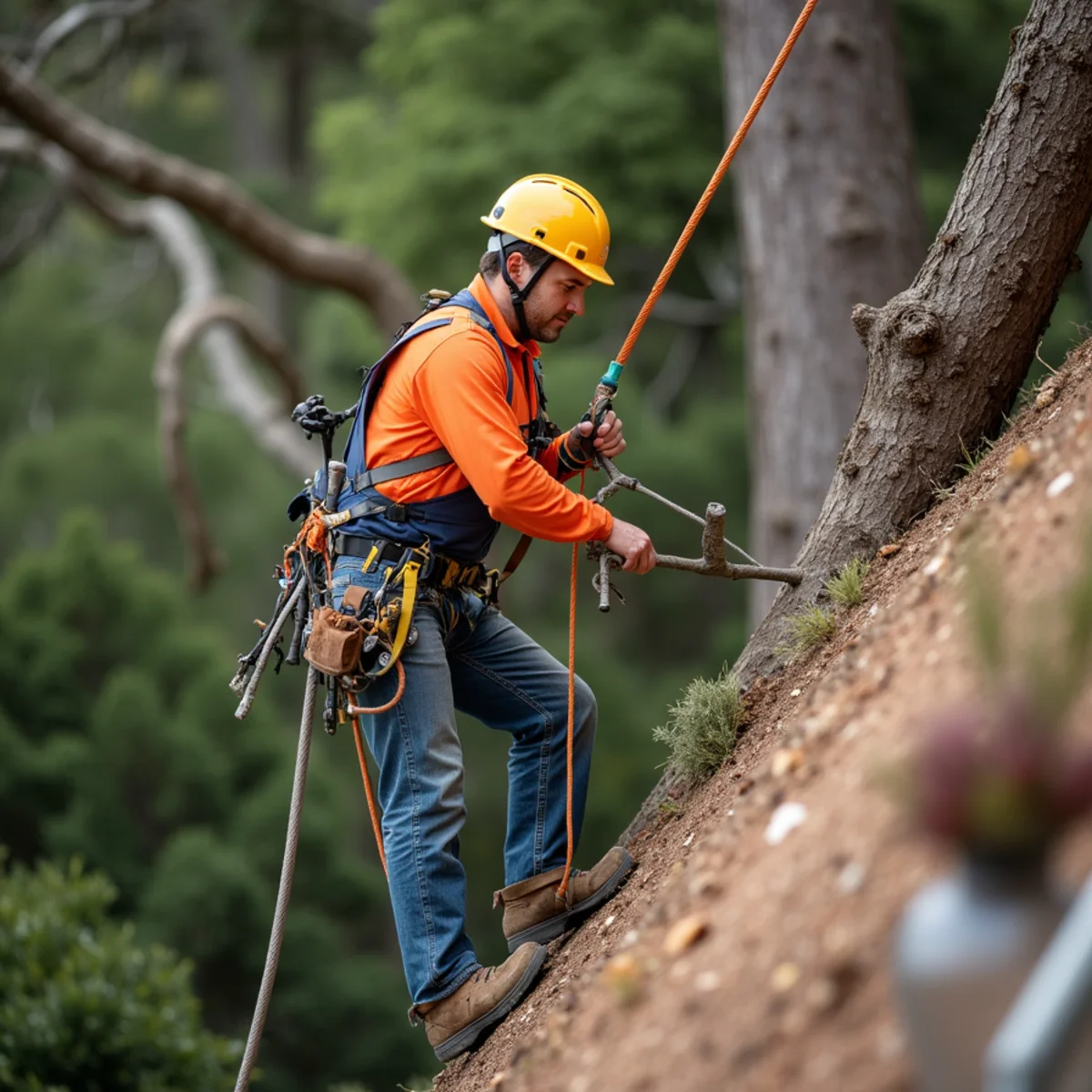High-angle rope rigging protecting hillside deck structure