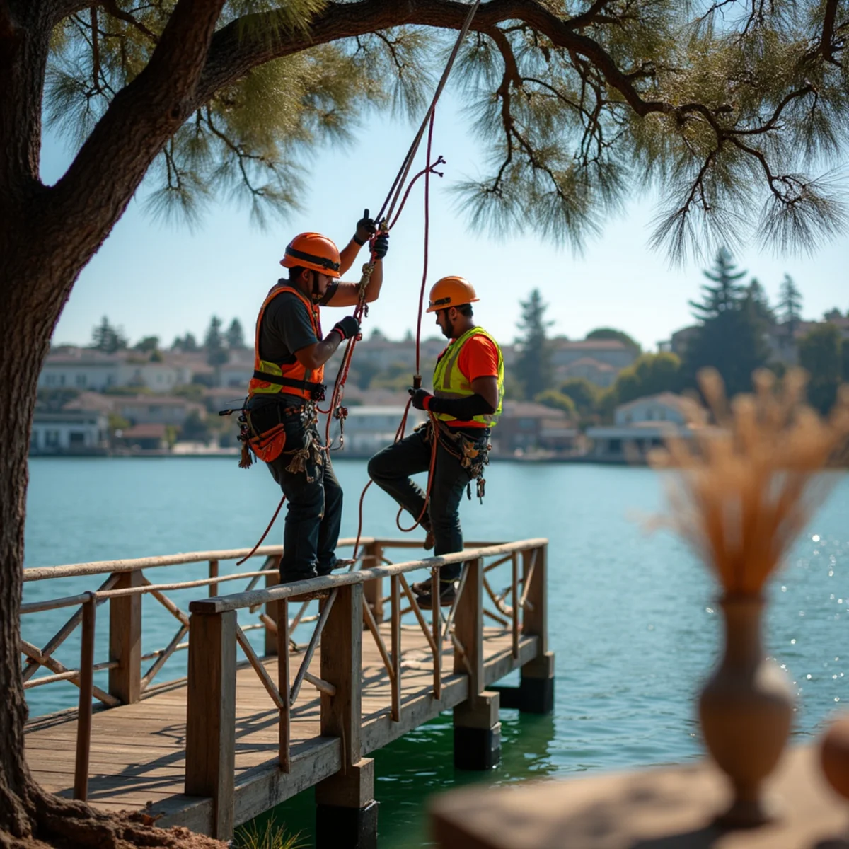 Waterfront tree trimming protecting dock and patio pavers