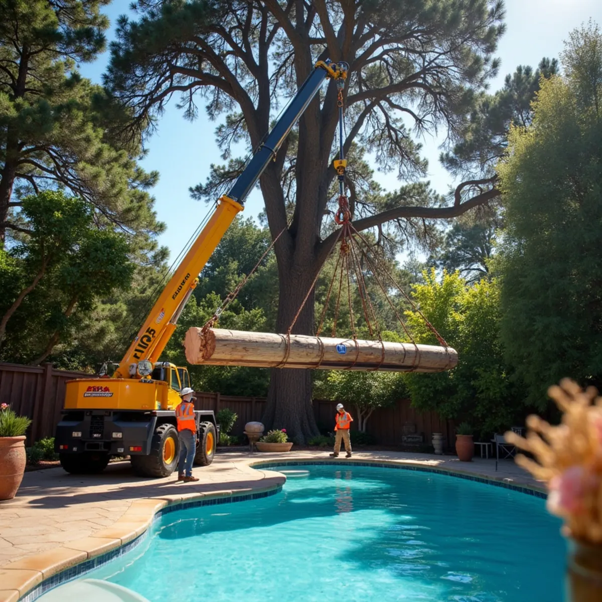 Crane extraction lifting heavy timber cleanly over luxury amenities