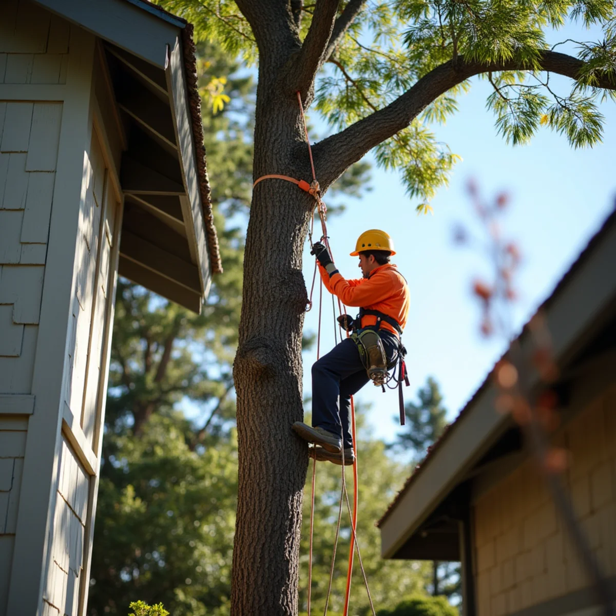 Precision tree pruning near single-story home in Menlo Park