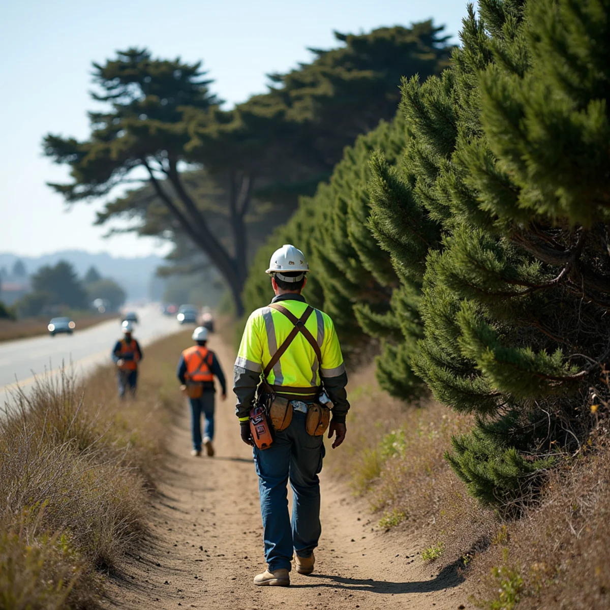 Coastal cypress and pine windbreak maintenance in coastal San Mateo County