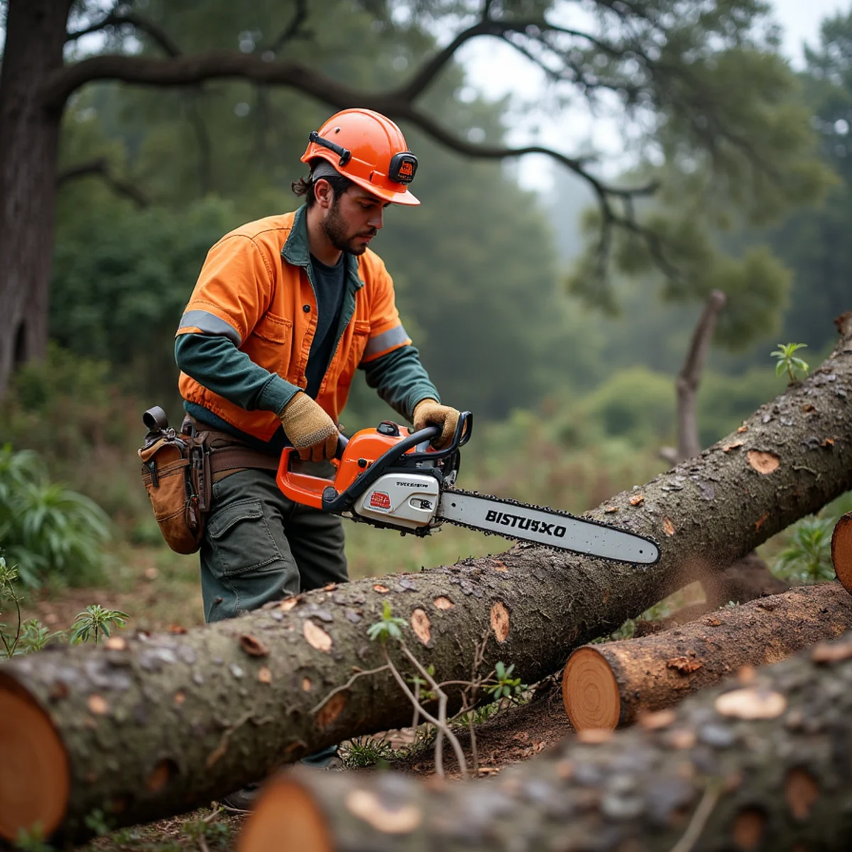 Chainsaw bucking fallen pine trunk into manageable timber logs