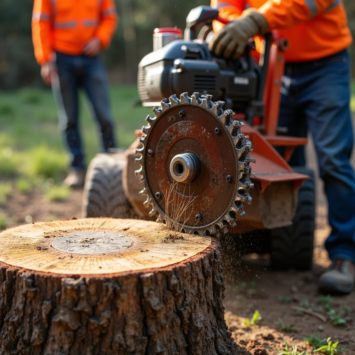 High-power stump grinder wheel pulverizing hardwood stump
