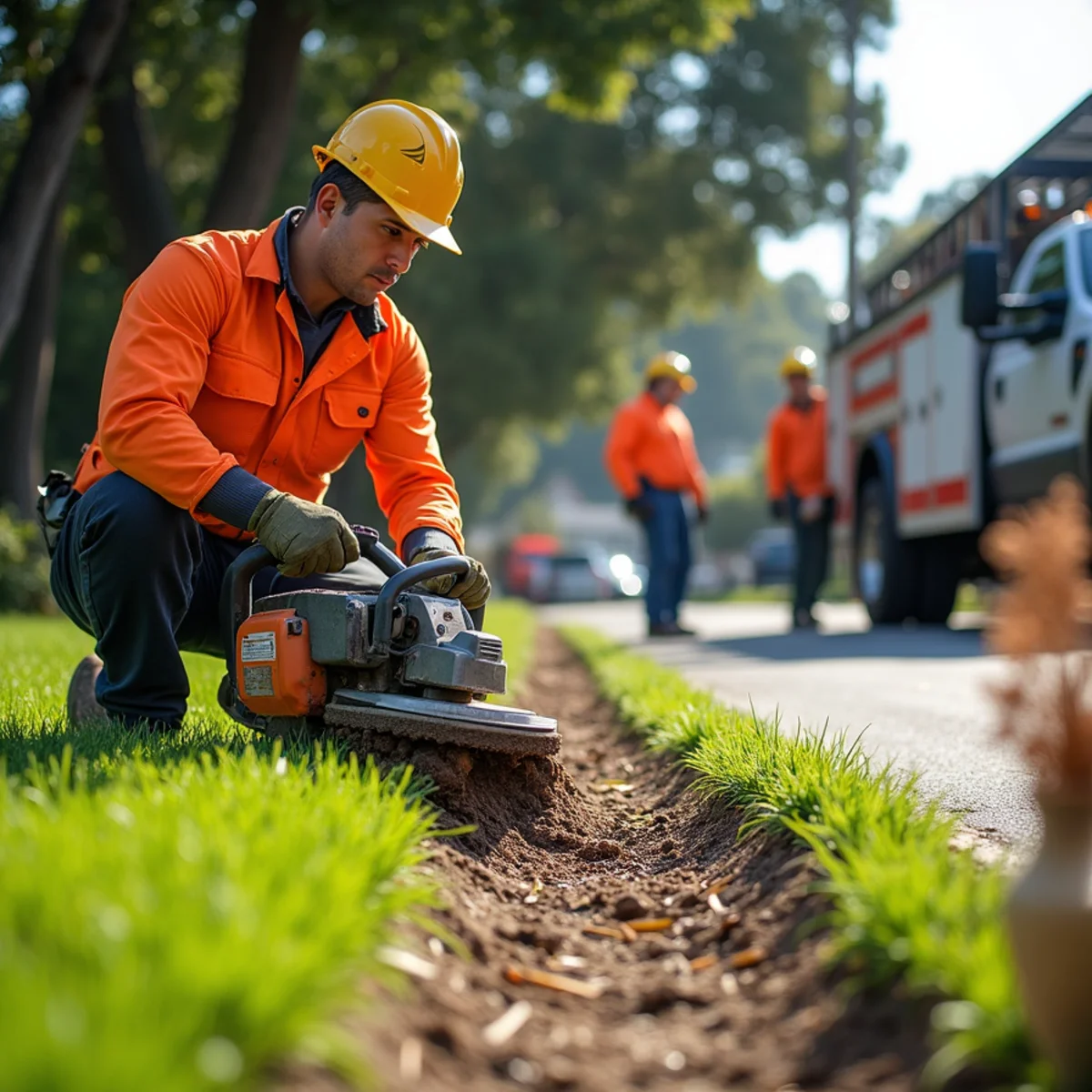 Grinding surface roots to protect sidewalk and foundation