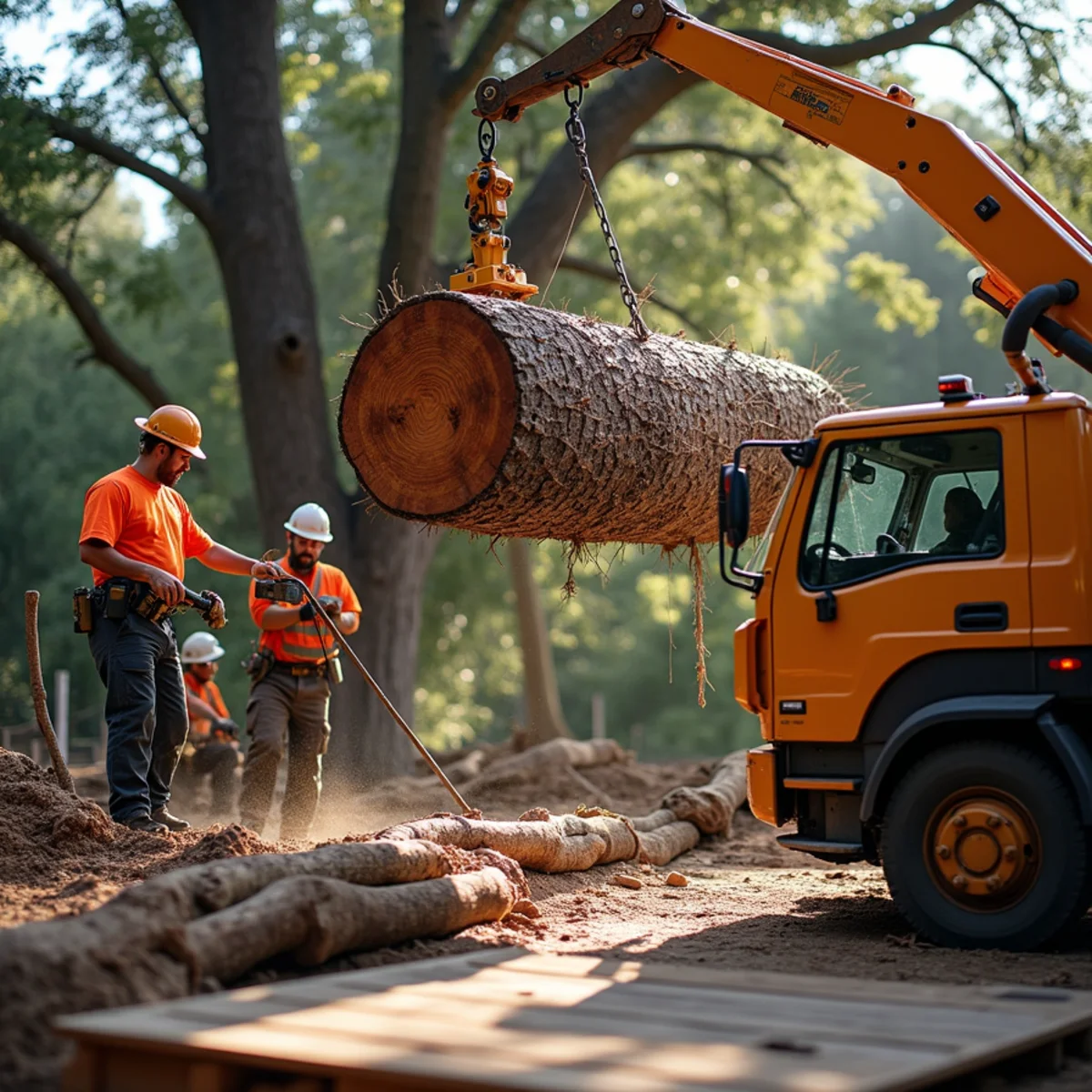 Heavy log loader equipment hauling timber off-site